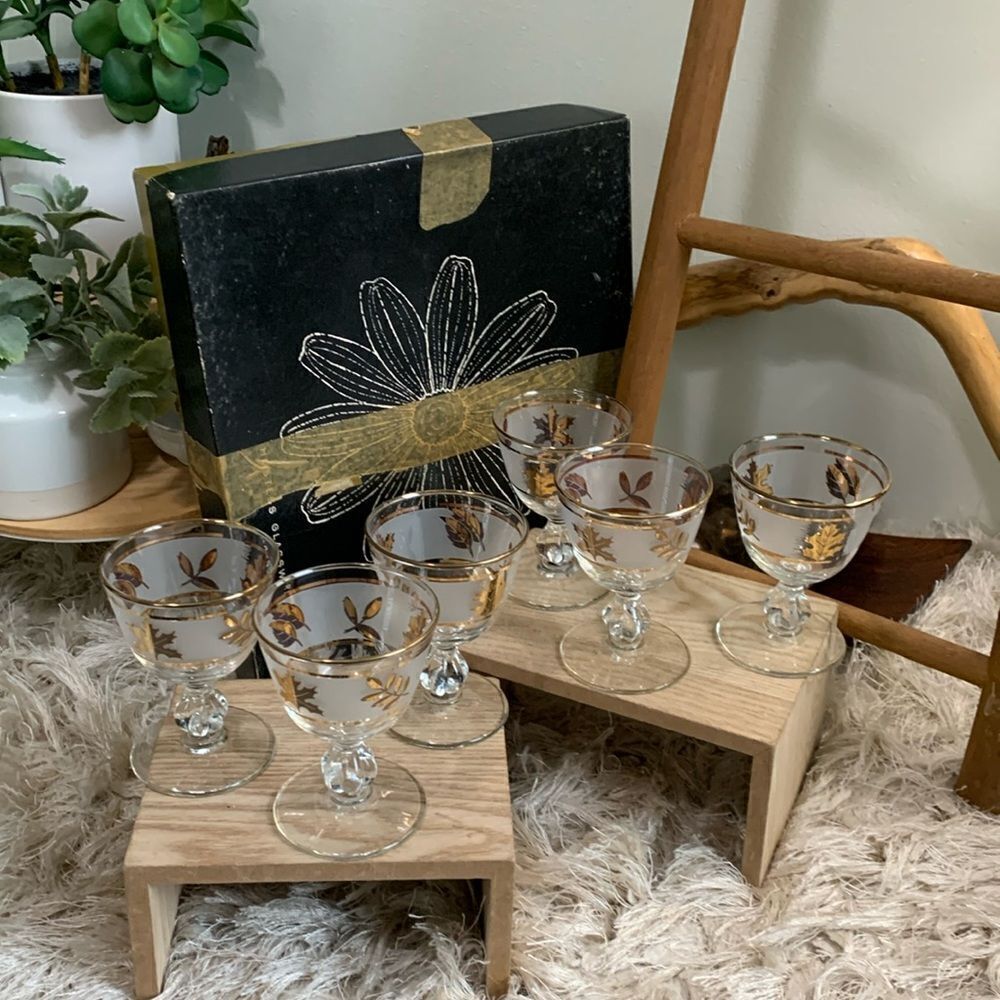 Vintage Golden Foliage Libby 8982 4oz Cocktail‎ Glasses Set Of 6 Made In USA